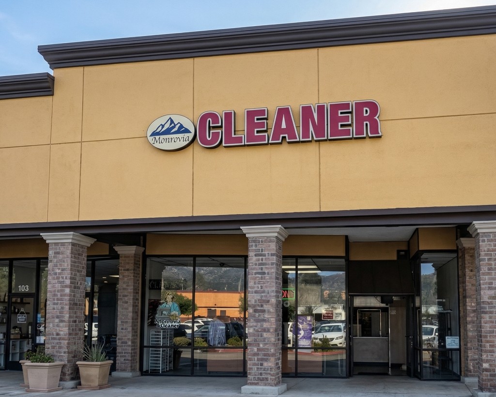 Monrovia Cleaners storefront on West Huntington Drive — dry cleaning, laundry, and alterations
